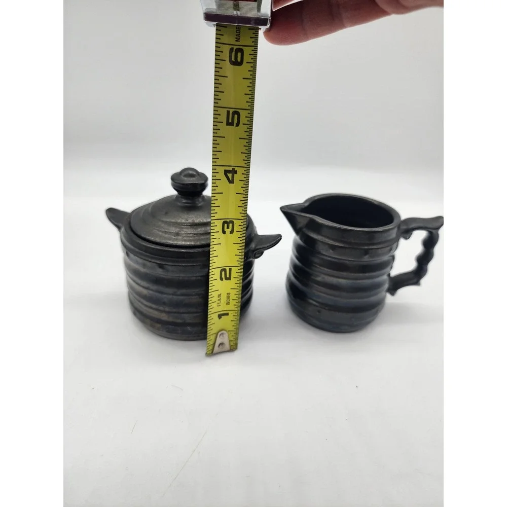 Vintage Japanese Red Ware Black Iridescent Ribbed Ceramic Sugar and Creamer Set